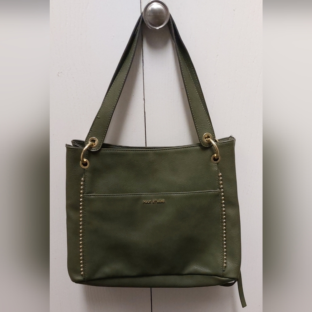 Max Studio Army Green Tote Satchel Gold Hardware and Studs Lots of Deep Pockets